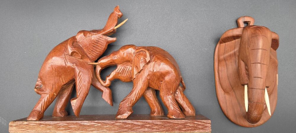 Vintage Hand Carved Wood Elephant Set Wall Hanging Plaque & Mantel Figurine Art